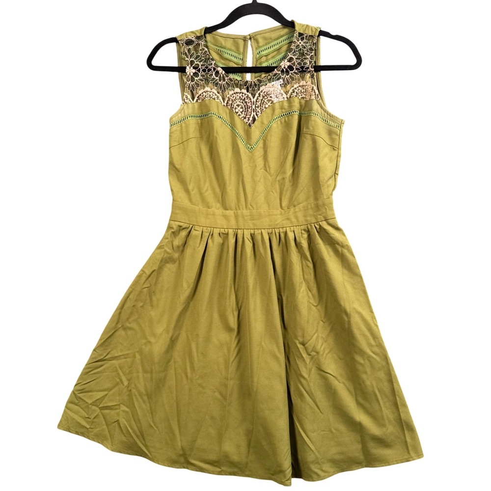 Cottagecore Fairy Coquette Mini‎ Dress Green Lace Yoke Fit Flare S